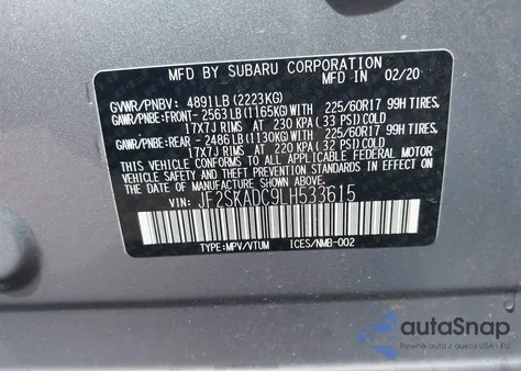 2020 Subaru Forester from USA, damaged, VIN JF2SKADC9LH533615